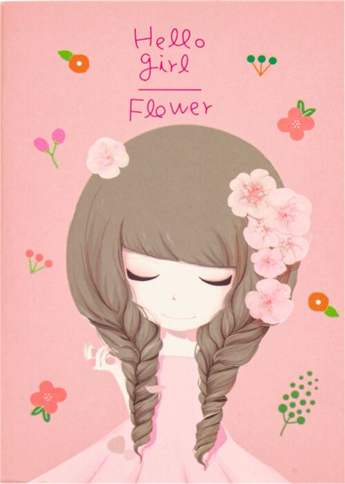 Carnet B5 rose avec une fillette avec un des fleurs dans les cheveux, pastel