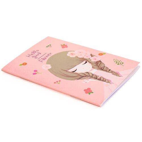 Carnet B5 rose avec une fillette avec un des fleurs dans les cheveux, pastel 2