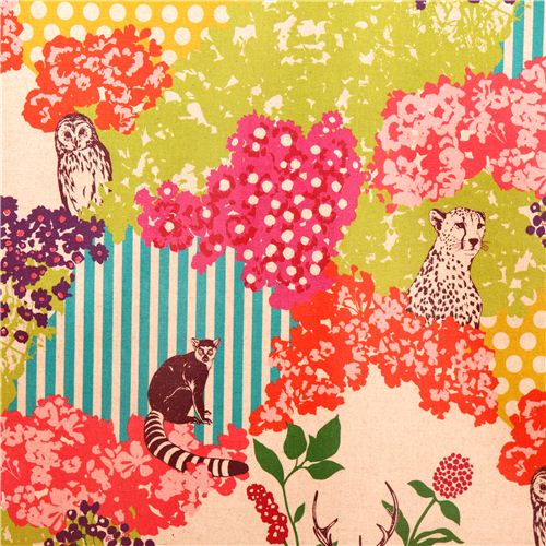 hide echino Canvas fabric lime natural stag forest owl Fabric