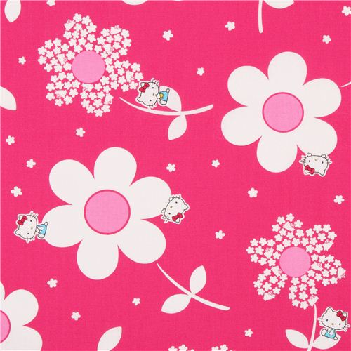 Tela oxford rosa fuerte flor margarita gatita Hello Kitty de Kokka 