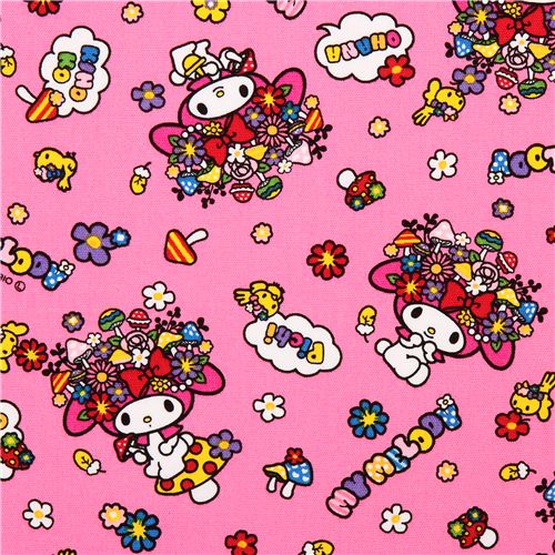 tessuto Oxford rosa shocking My Melody fiori funghi Sanrio dal Giappone