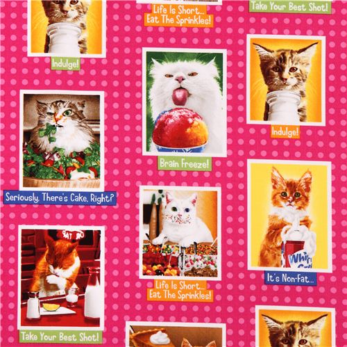 tessuto rosa shocking gatti cibi animali Robert Kaufman Eat Drink And Be Funny Tessuto