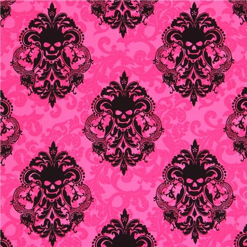 hot pink fabric with pink black leaf and Skulls 'Goth Damask' Michael Miller  Fabric