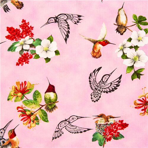 Tela floral rosa con picaflores de colores y en estilo nativo americano Tela