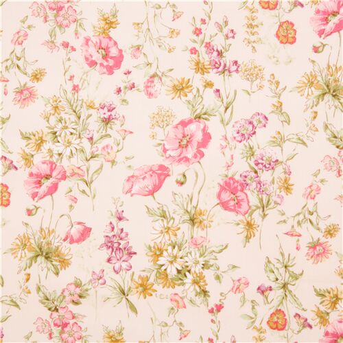 illustrated cream floral cotton lawn blooms yellow pink purple fabric Japanese Fabric