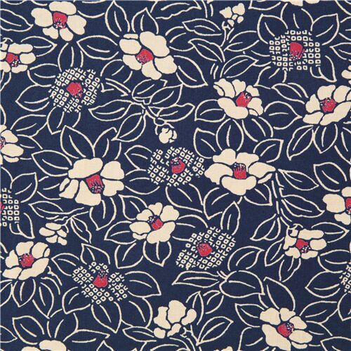 Tela algodn azul ndigo con flores tsubaki camelia en beis rojo de Japn Tela