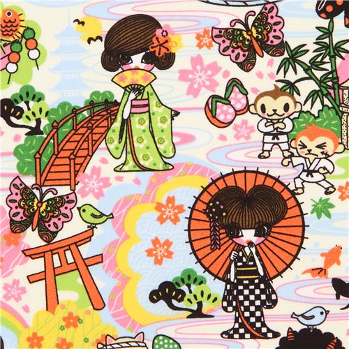 Tissu kawaii avec des Geishas en Kimono en Anime japonais Tissu