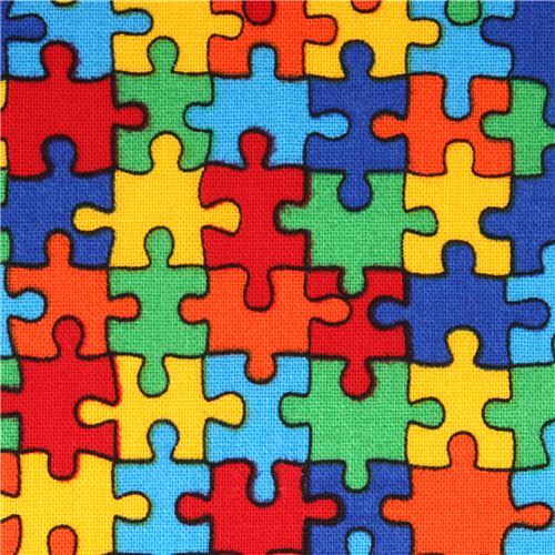 kawaii fabric with colourful jigsaw puzzle pieces USA Fabric