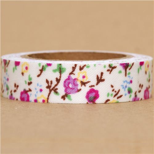 kawaii white Fabric Deco Tape with colourful flowers 1