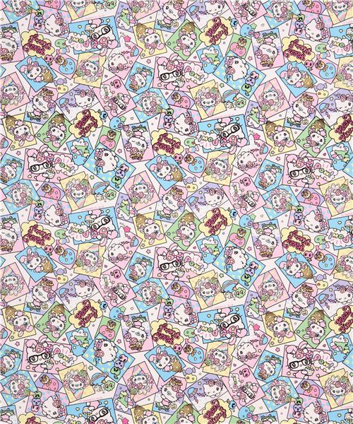Tissu Oxford Sanrio Hello Kitty kawaii blanc style BD, avec bonbons et pommes 0
