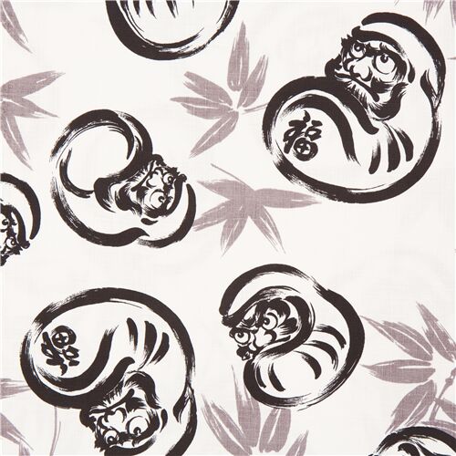 großer bärtiger Mann Daruma Bambus japanischem weißem Baumwollstoff verstreut Stoff