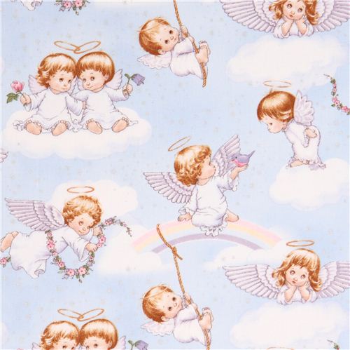 hellblauer Angels & Fairies Engel auf Wolken Glitzer Stoff Elizabeth's Studio Stoff