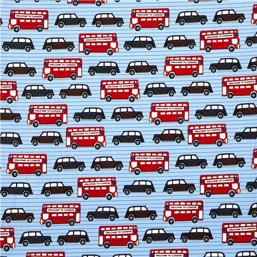 light blue London fabric bus & car Robert Kaufman USA 2