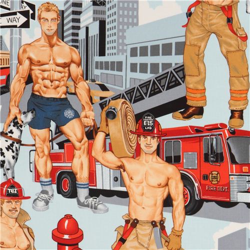 light blue Pin up fire fighters fabric by Alexander Henry Fabric