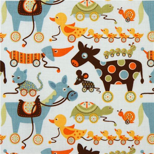 light blue Riley Blake fabric horse cow duck on wheels 1