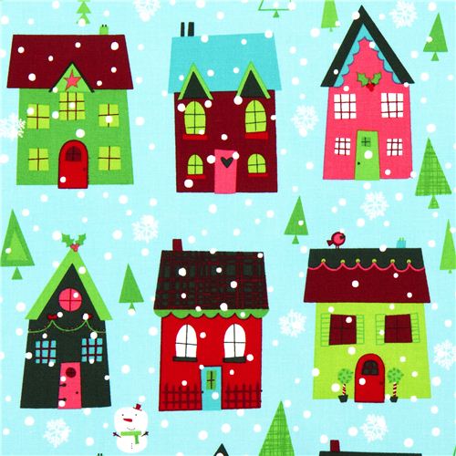 light blue Robert Kaufman Christmas fabric snowman house 1