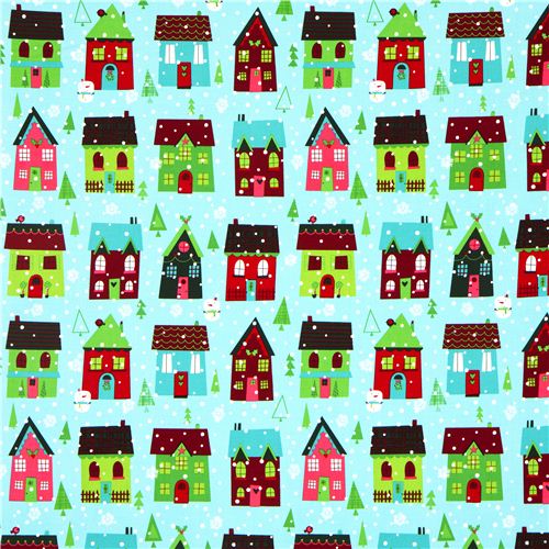 light blue Robert Kaufman Christmas fabric snowman house 2