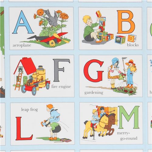 Tissu Robert Kaufman bleu clair, enfants, lettres, rectangles, My ABC Book Tissu