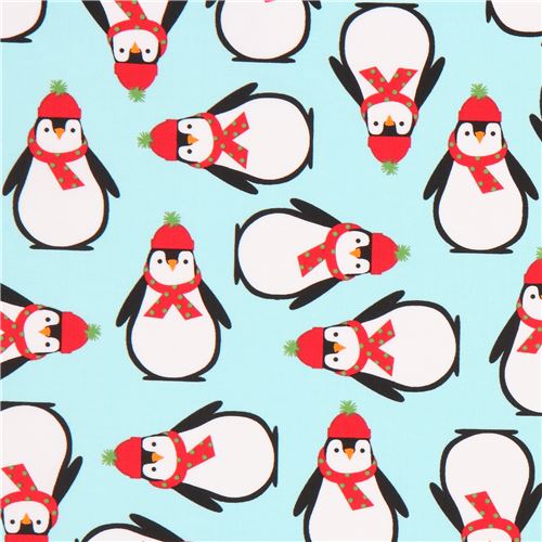 tessuto celeste Robert Kaufman pinguini cappelli sciarpe Jingle 4 Tessuto
