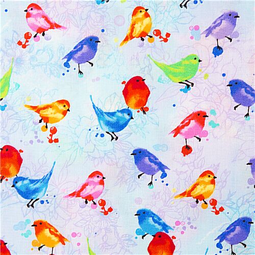 Tissu bleu clair avec des oiseaux multicolores Tissu