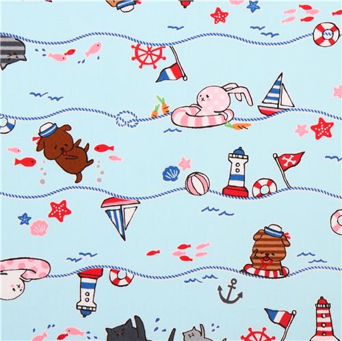 light blue animal sailor oxford fabric by Kokka from Japan Fabric