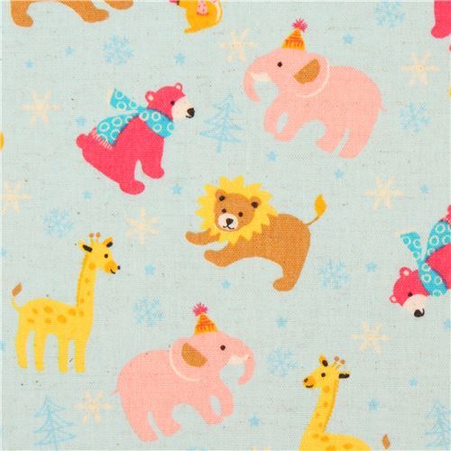 light blue brushed Canvas lion giraffe snowflake fabric by Kokka from Japan Fabric