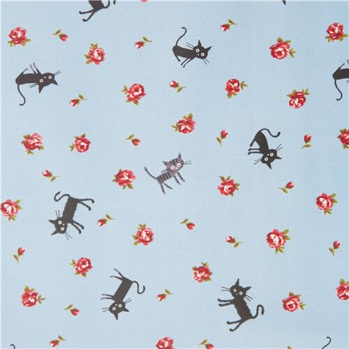 Tissu laminé CocoLand bleu clair avec des chats et des roses importé du Japon Tissu