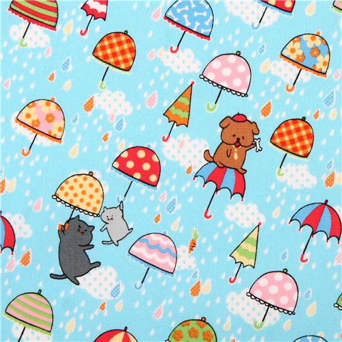 Tissu Oxford bleu clair avec des chats et chiens sous la pluie par Kokka Japon Tissu