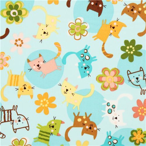 light blue cats and flowers fabric by Robert Kaufman Fabric