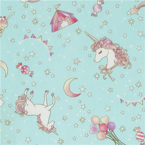 Tissu japonais en coton bleu clair à paillettes cirque licornes ballons Tissu