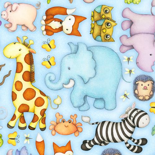 light blue colorful giraffe zebra elephant animal fabric by Henry Glass Fabric