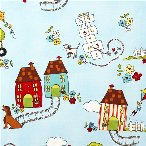 light blue designer fabric neighbourhood house backyard game 1