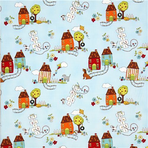 light blue designer fabric neighbourhood house backyard game 2