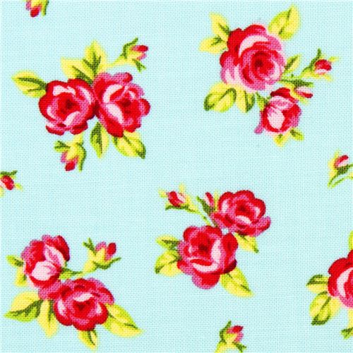 light blue designer fabric with little rosa roses flowers 1
