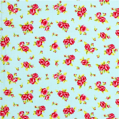 light blue designer fabric with little rosa roses flowers 2