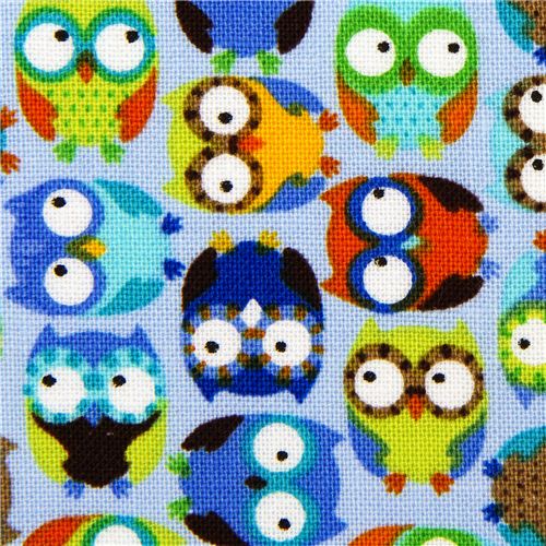 light blue designer fabric with small colourful owls 1