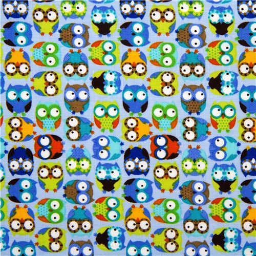 light blue designer fabric with small colourful owls 2