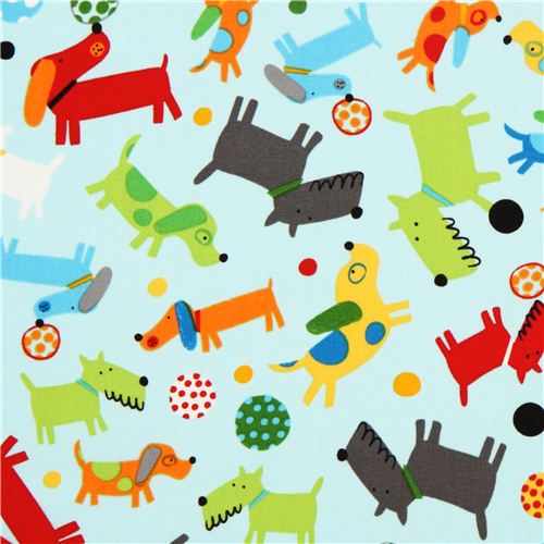 Tissu Robert Kaufman bleu clair avec chiens et ballons Tissu
