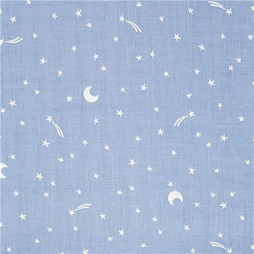 Tissu double gaze bleu clair avec des mini étoiles et des lunes blanches Tissu