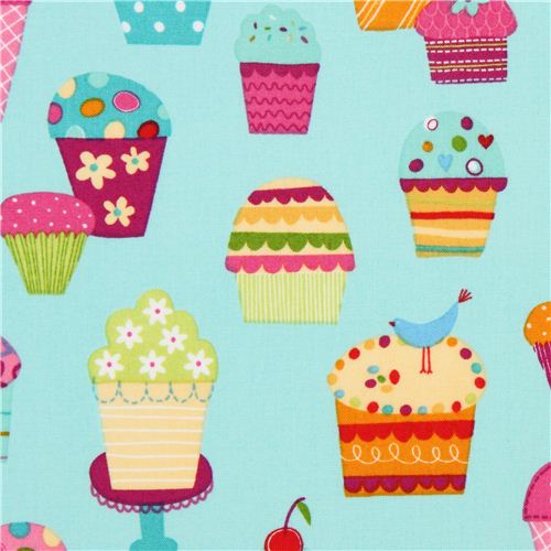 tessuto celeste coppette & cupcake Robert Kaufman kawaii Tessuto
