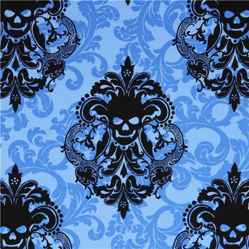 Tissu Michael Miller bleu clair, feuilles noires, bleues, crnes  Goth Damask  Tissu