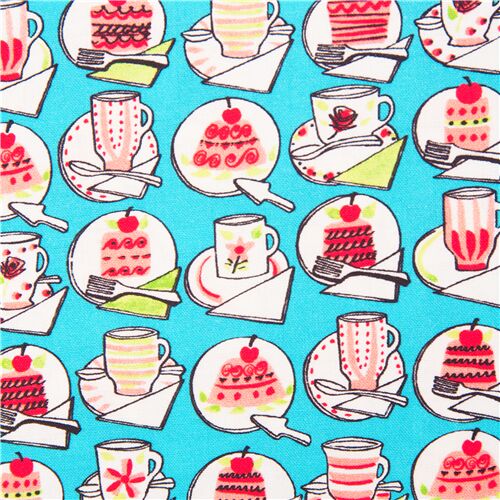 Tissu en coton bleu clair tasses  caf et gteaux multicolores Tissu