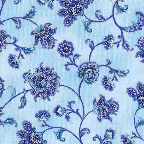 Hellblauer Stoff mit Blumen Silber-Metallic von Timeless Treasures Stoff