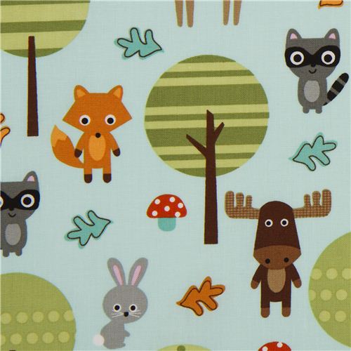 Tissu Robert Kaufman kawaii bleu clair, animaux de la forêt Tissu