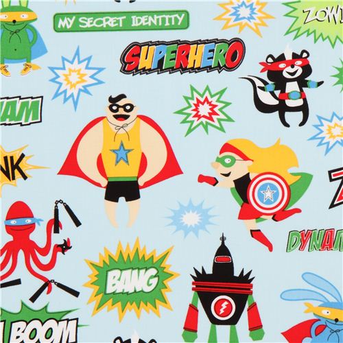 light blue funny superheroes fabric by Robert Kaufman Fabric