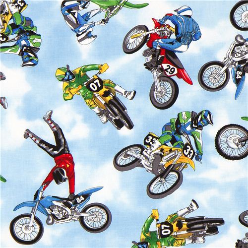 light blue motorbike motocross Timeless Treasures fabric USA Fabric