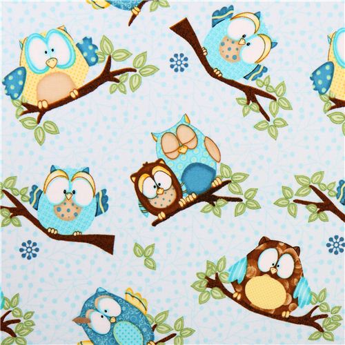 Tissu bleu clair srie animaux avec des hiboux dans la fort, par Henry Glass Tissu