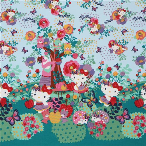 Fat Quarter (50 x 54 cm) - light blue oxford fabric with Hello Kitty flower garden