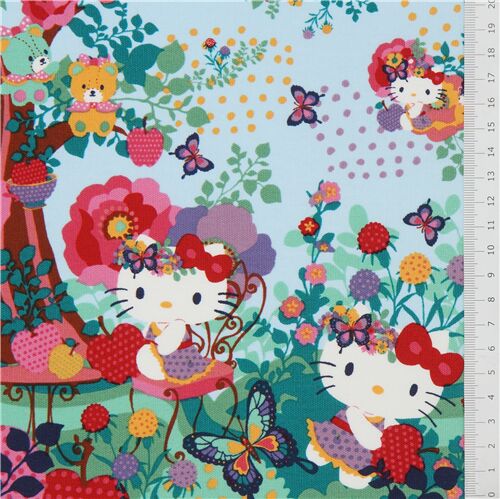 Fat Quarter (50 x 54 cm) - light blue oxford fabric with Hello Kitty flower garden 2