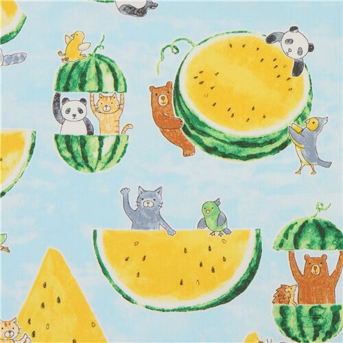 light blue oxford fabric with yellow watermelons and animals by Kokka Fabric